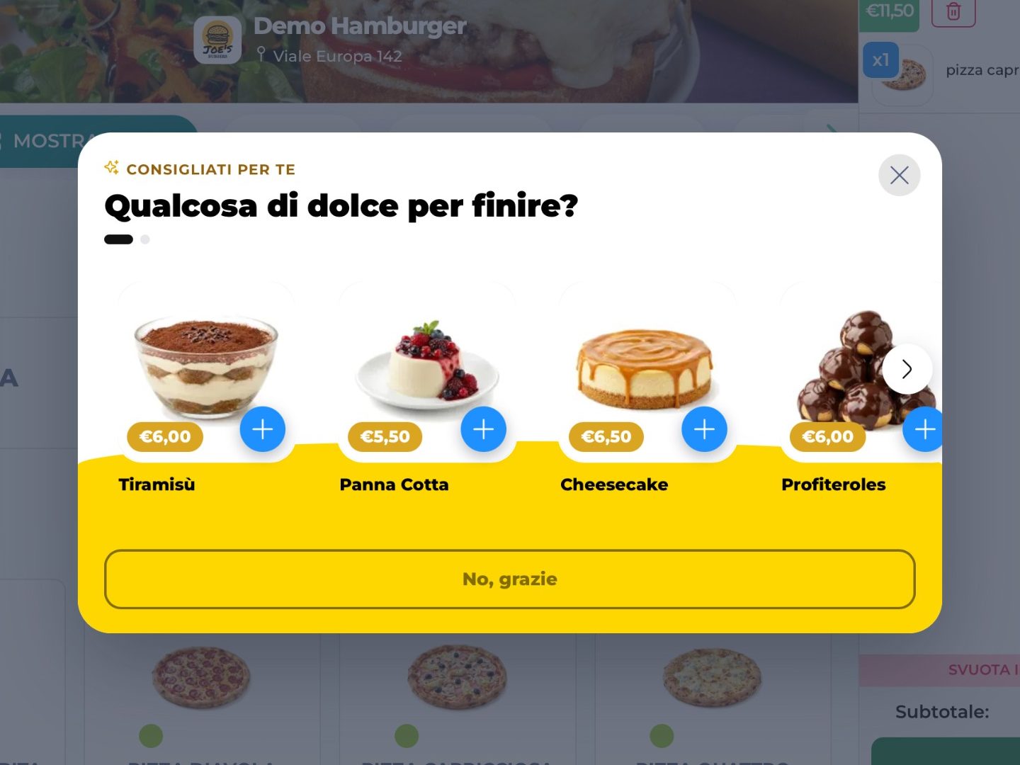 Proposta di dolci in cross selling dopo l'ordine di una pizza