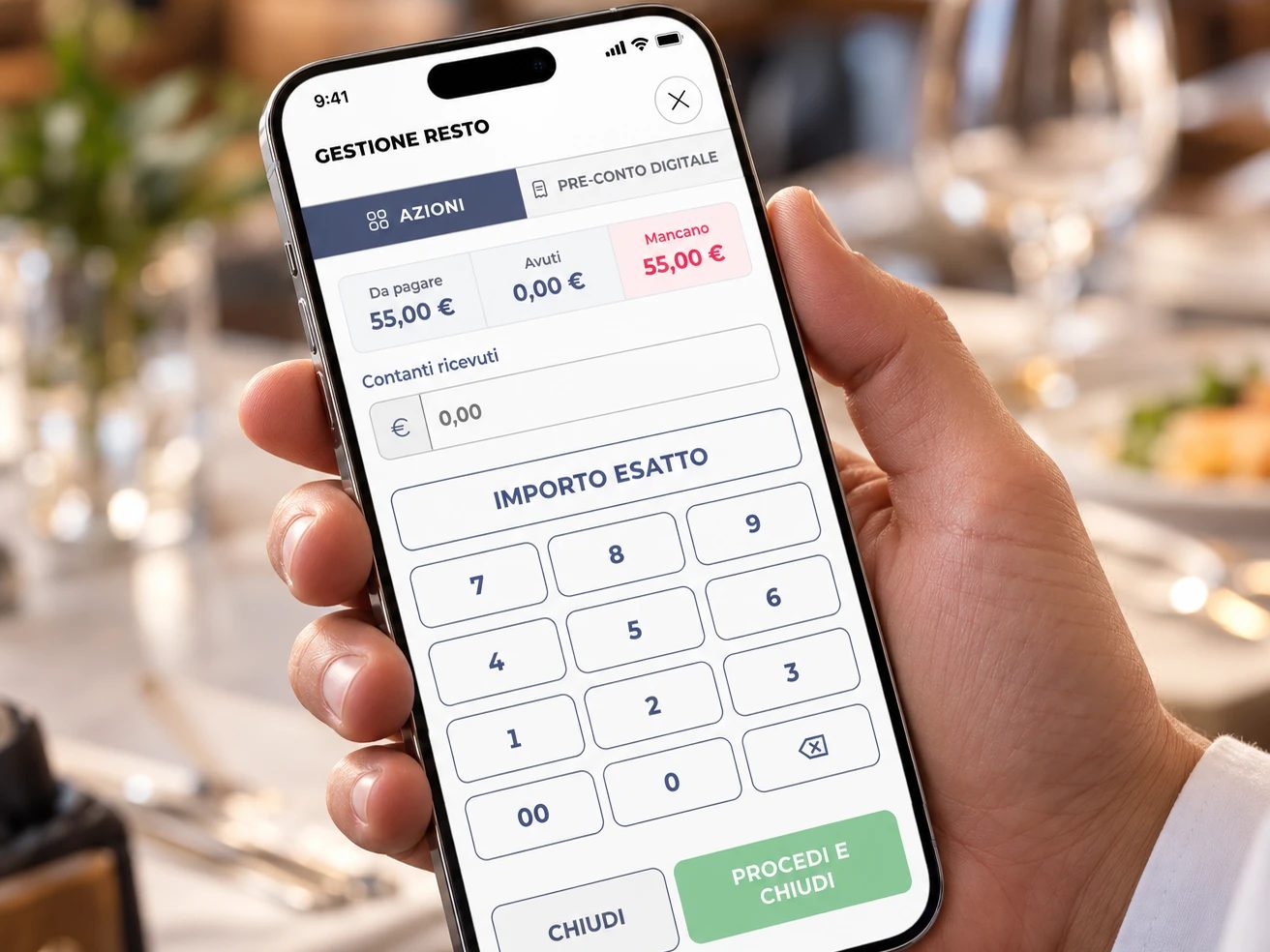 Cameriere che usa la cassa Booxit sul cellulare: tastierino dei contanti ricevuti