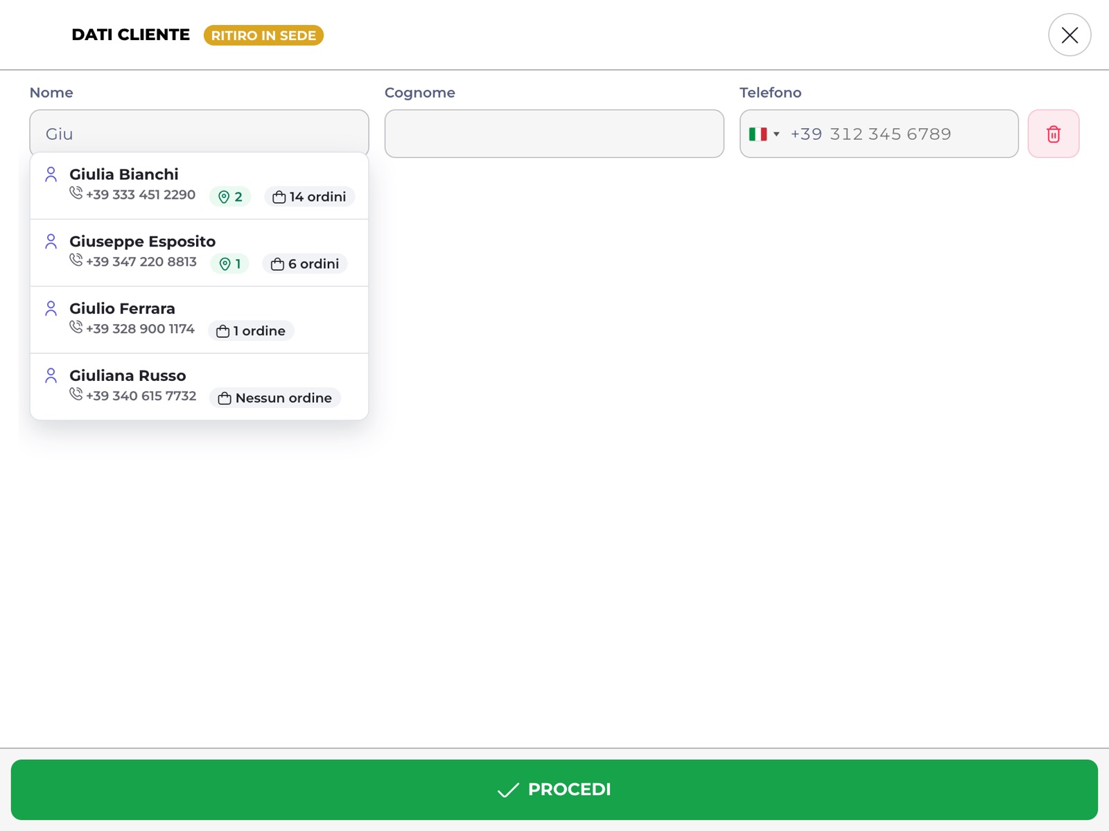 Ricerca dei clienti del locale per nome con telefono, indirizzi e ordini