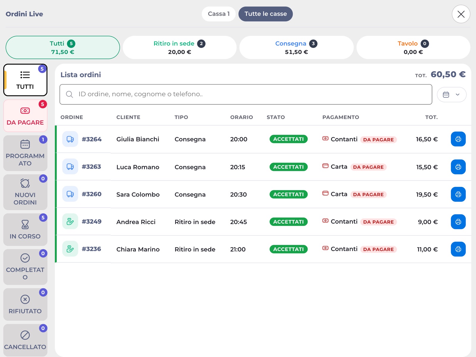 Elenco degli ordini live filtrati per tipo, stato e pagamento