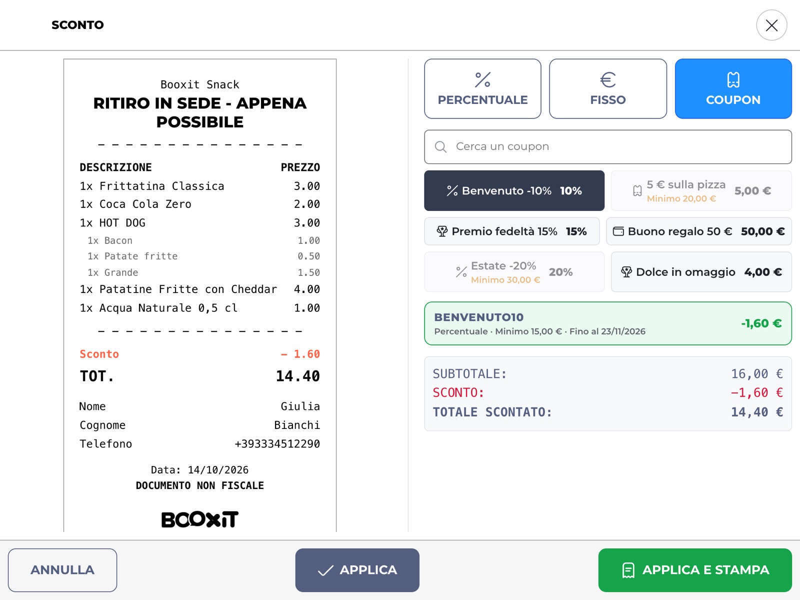 Sconto con coupon applicato al pre-conto nel punto cassa